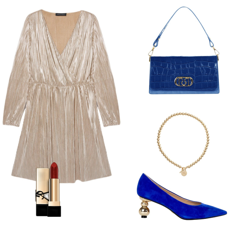 Outfit donna - Sparkling a mezzanotte. Stile Chic per Serata fuori. Abbinamento con rossetti, borse a tracolla, décolleté, collane, vestiti.