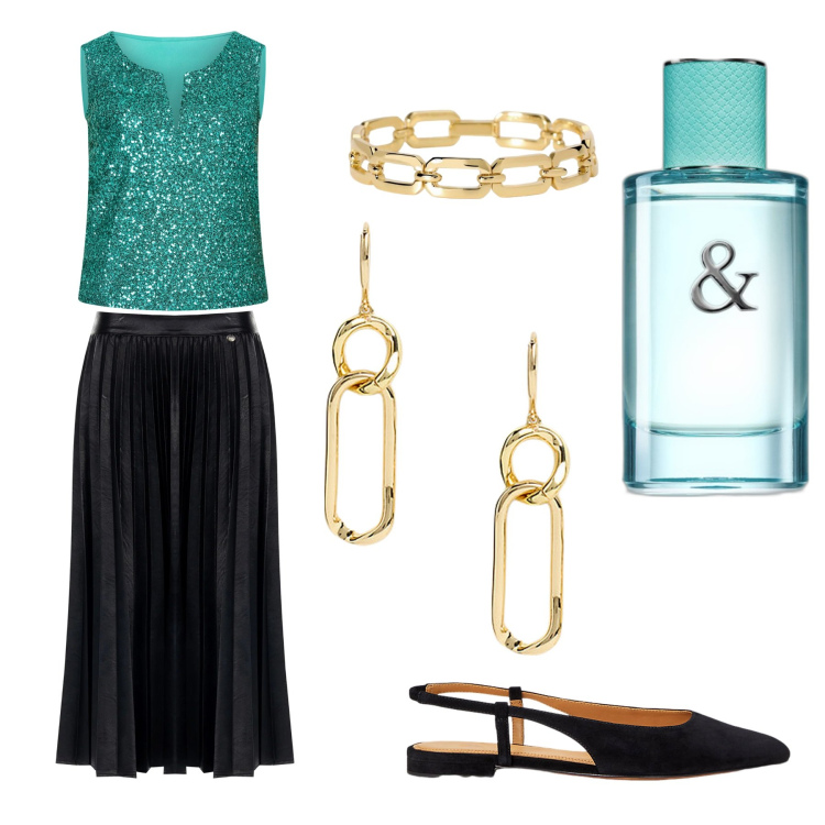 Outfit donna - Capodanno al mare. Stile Bon Ton per Cerimonia. Abbinamento con profumi, braccialetti, gonne longuette, top, ballerine, orecchini.