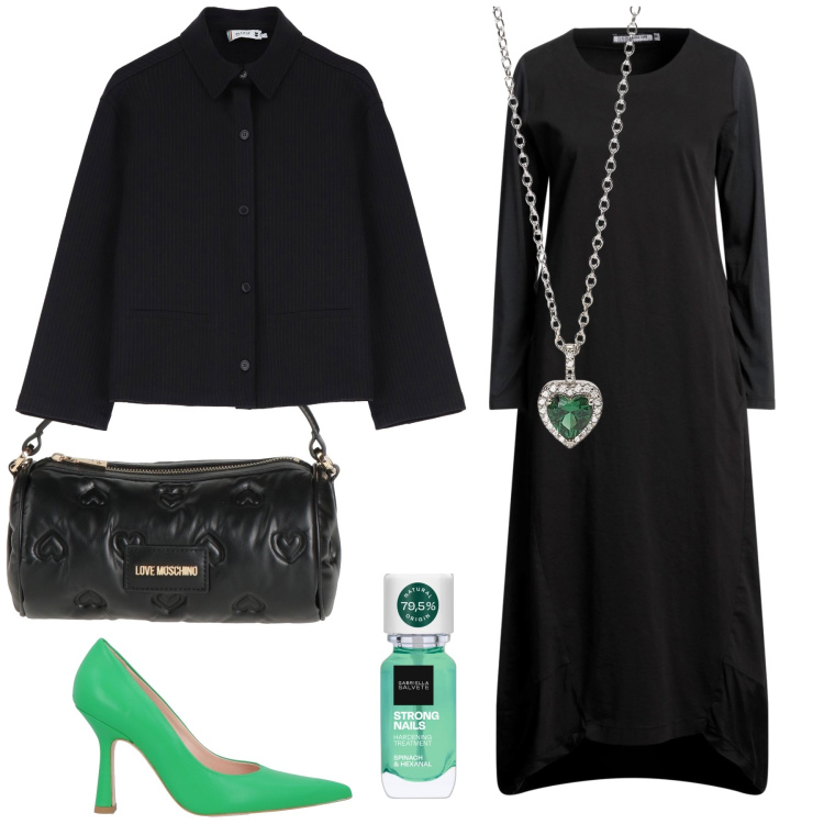 Outfit donna - Verde sul nero. Stile Chic per Serata fuori. Abbinamento con vestiti midi/longuette, borse a mano, décolleté, smalti, ciondoli, cappotti.