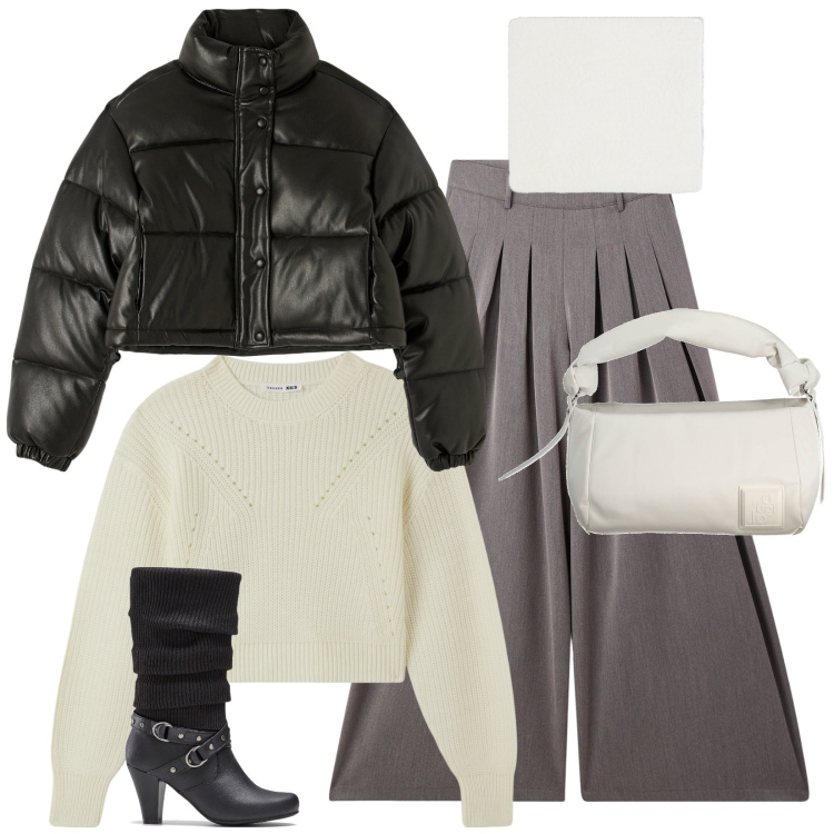 Outfit donna - Warm winter. Stile Casual per Tutti i giorni. Abbinamento con stivali, pantaloni a palazzo, piumini, maglieria, scaldacollo, borse a spalla.