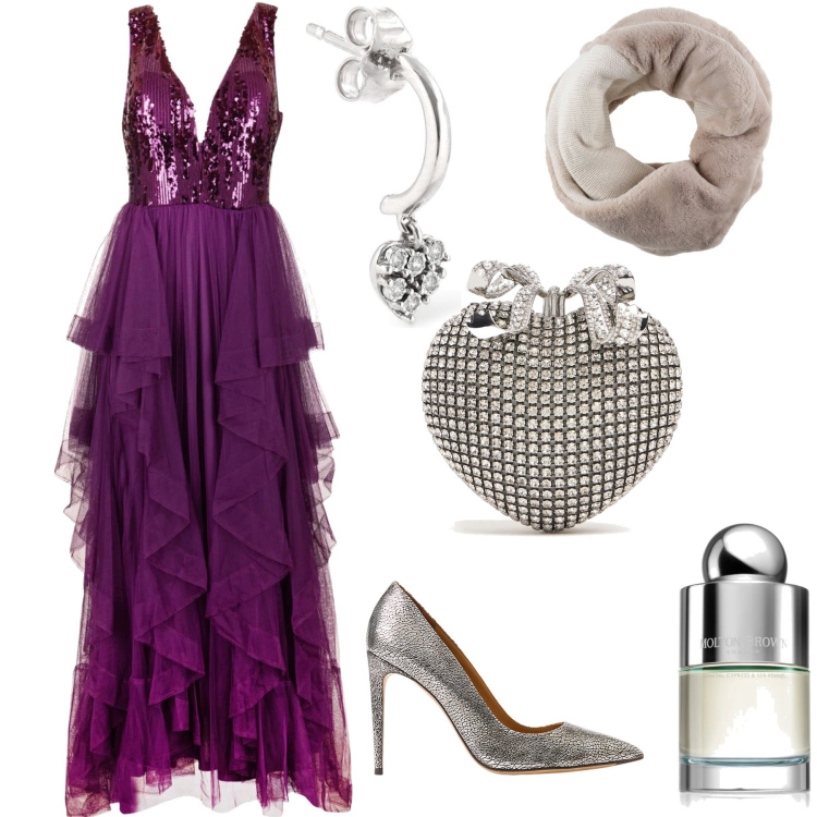 Outfit donna - Un amore di look da gran sera. Stile Glamour per Serata fuori. Abbinamento con sciarpe, profumi, vestiti lunghi, décolleté, orecchini, pochette.