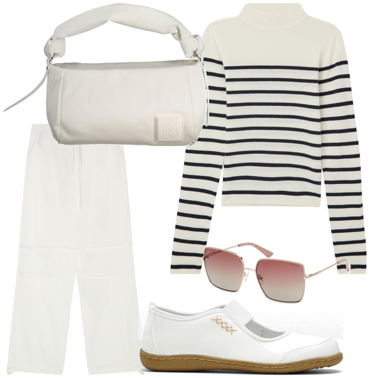 Outfit donna - Marinaretta invernale. Stile Sporty chic per Tutti i giorni. Abbinamento con ballerine, maglieria, pantaloni, occhiali da sole, borse a spalla.