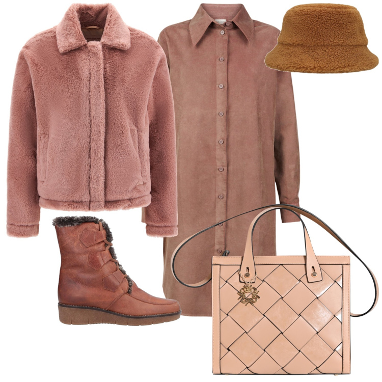 Outfit donna - Total look. Stile Trendy per Tutti i giorni. Abbinamento con stivaletti, borse a mano, cappotti, vestiti chemisier, cappelli.