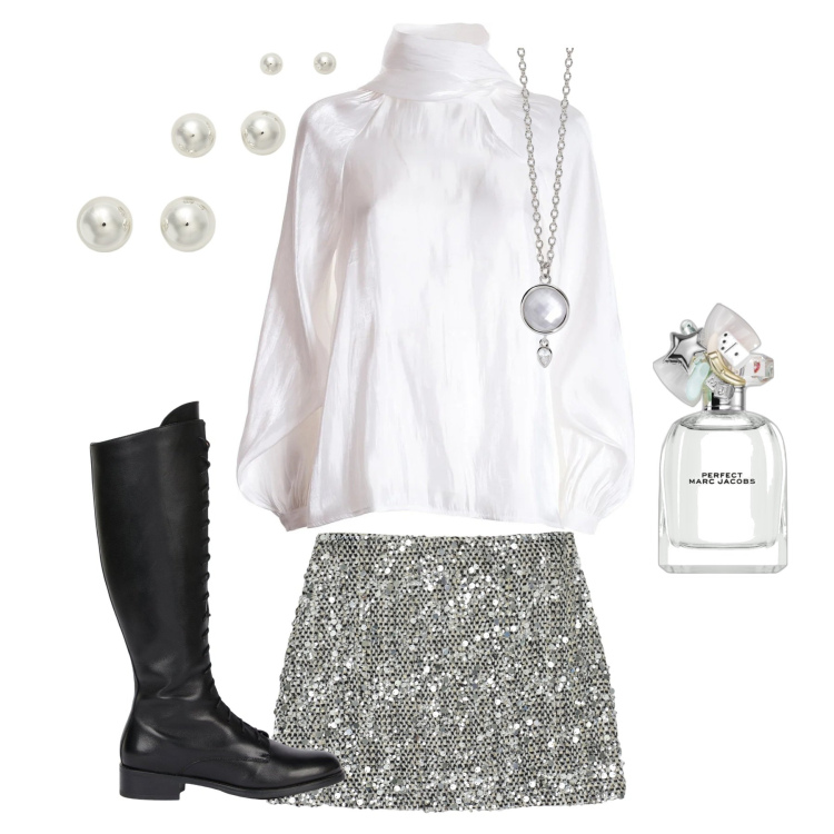 Outfit donna - Brilla e balla. Stile Glamour per Serata fuori. Abbinamento con profumi, collane, bluse, minigonne, orecchini, stivali.