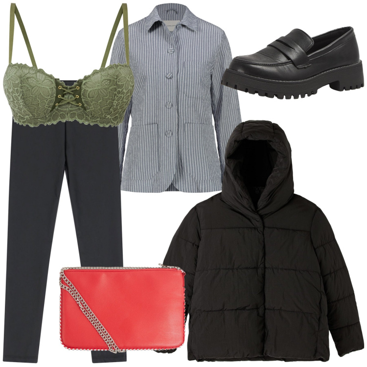 Outfit donna - Dettagli femminili sul maschile. Stile Mannish per Tutti i giorni. Abbinamento con reggiseni a balconcino, borse a tracolla, piumini, mocassini, pantaloni skinny, blazer.