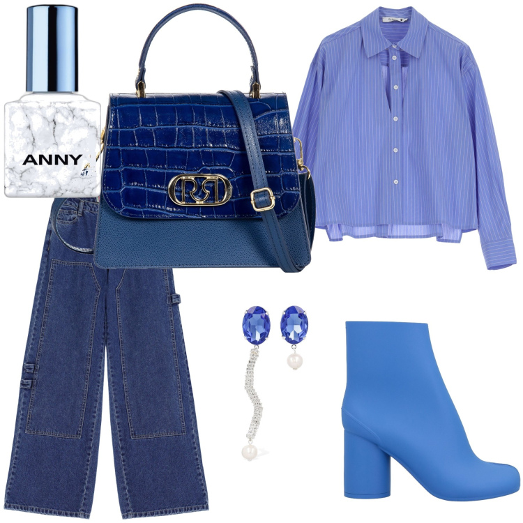 Outfit donna - Le varie sfumature del blu. Stile Glamour per Tutti i giorni. Abbinamento con stivaletti, smalti, borse a mano, jeans, camicie, orecchini.