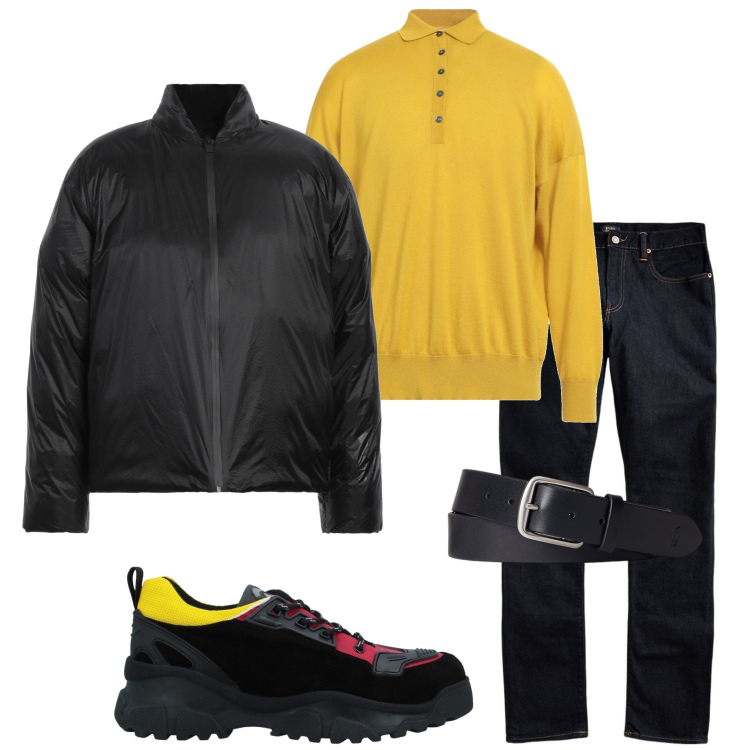 Outfit uomo - Stasera pizza. Stile Casual per Serata speciale. Abbinamento con piumini, pullovers, sneakers, jeans, cinture.