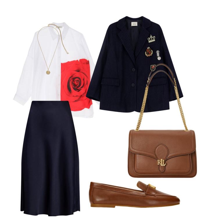 Outfit donna - A pranzo tra colleghi. per Tutti i giorni. Abbinamento con camicie, blazer, borse a spalla, mocassini, ciondoli, gonne.