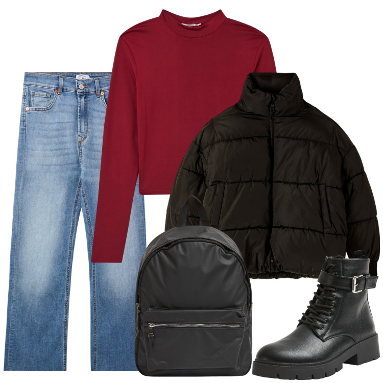 Outfit donna - Concerto di capodanno. Stile Basic per Serata fuori. Abbinamento con t-shirt, jeans skinny, anfibi, piumini, zaini.