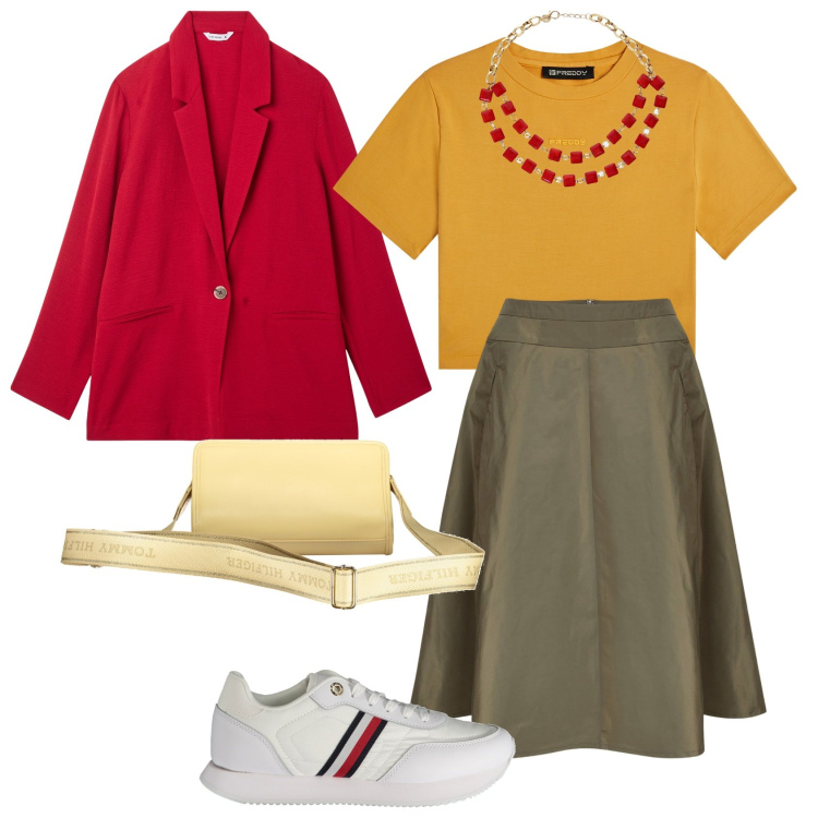 Outfit donna - La gioia espressa. Stile Casual chic per Tutti i giorni. Abbinamento con blazer, t-shirt, collane, gonne, sneakers, borse a tracolla.