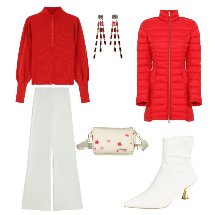 Outfit donna - Un tocco di eleganza. Stile Casual per Tutti i giorni. Abbinamento con orecchini, stivaletti, maglieria, piumini, pantaloni, borse a spalla.