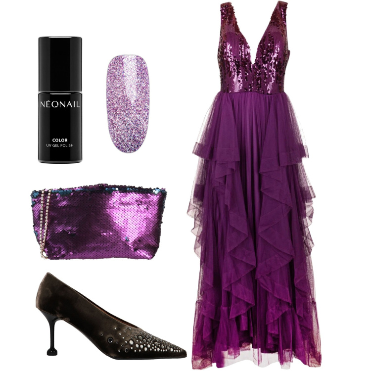 Outfit donna - Serata Glamour in viola. Stile Glamour per Serata fuori. Abbinamento con borse a mano, smalti, vestiti lunghi, décolleté.