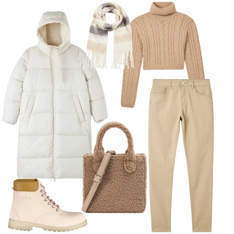 Outfit donna - Passeggiata in centro. Stile Urban per Tutti i giorni. Abbinamento con sciarpe, shopping bag, piumini, pantaloni skinny, maglieria, stivali.