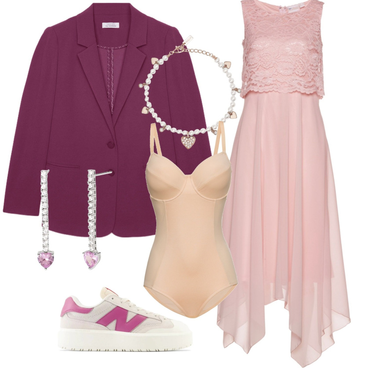 Outfit donna - Elegante ma pronta alla fuga.. Stile Casual chic per Cerimonia. Abbinamento con vestiti midi/longuette, body, braccialetti, orecchini, sneakers, blazer.