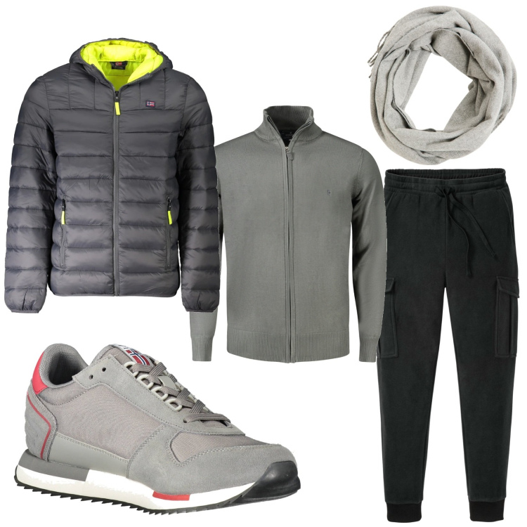 Outfit uomo - Per un giorno da sportivo. Stile Casual Abbinamento con pantaloni cargo, sciarpe, sneakers, cardigans, giacche.