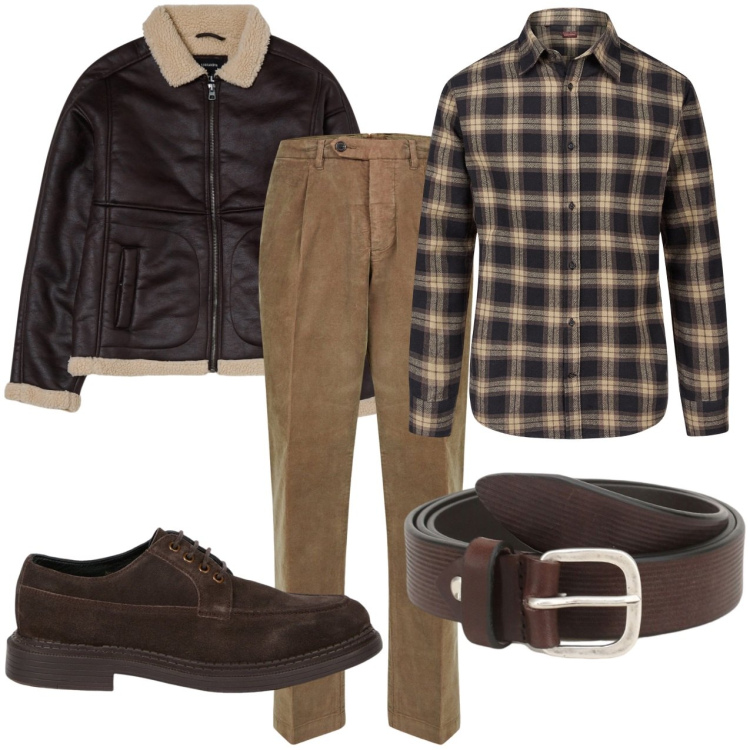Outfit uomo - Giubbotto on montone sintetico. Stile Casual per Tutti i giorni. Abbinamento con giacche, cinture, pantaloni, scarpe stringate, camicie.
