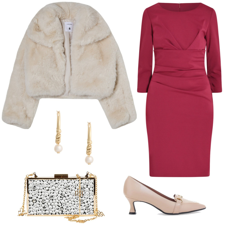 Outfit donna - Eleganza senza tempo. Stile Chic per Serata fuori. Abbinamento con blazer, pochette, vestiti a tubino, orecchini, décolleté.