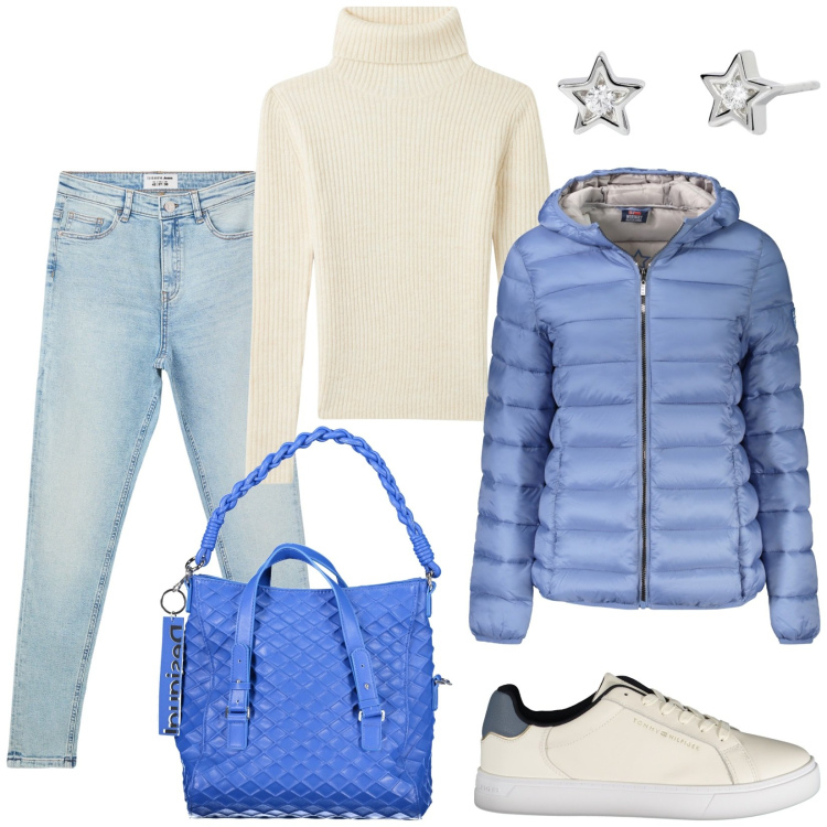 Outfit donna - Total look #2021712. Stile Casual per Tutti i giorni. Abbinamento con jeans skinny, maglieria, orecchini, blazer, sneakers, borse a spalla.