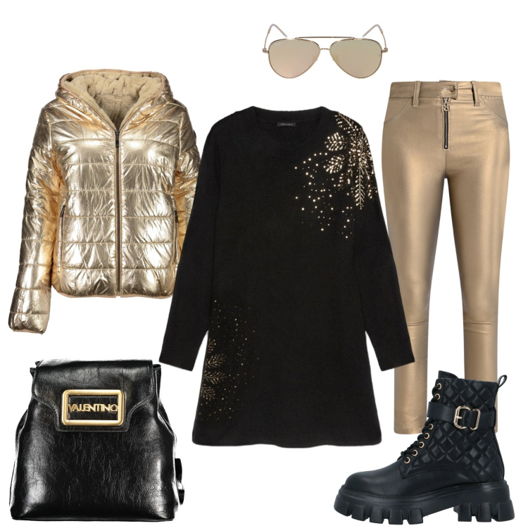 Outfit donna - Casual color oro. Stile Casual per Tutti i giorni. Abbinamento con stivaletti, pantaloni skinny, maglieria, zaini, piumini, occhiali da sole.