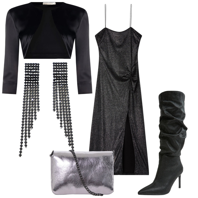 Outfit donna - Coprispalle nero. Stile Sexy per Serata fuori. Abbinamento con bolero, vestiti lunghi, stivali, orecchini, pochette.