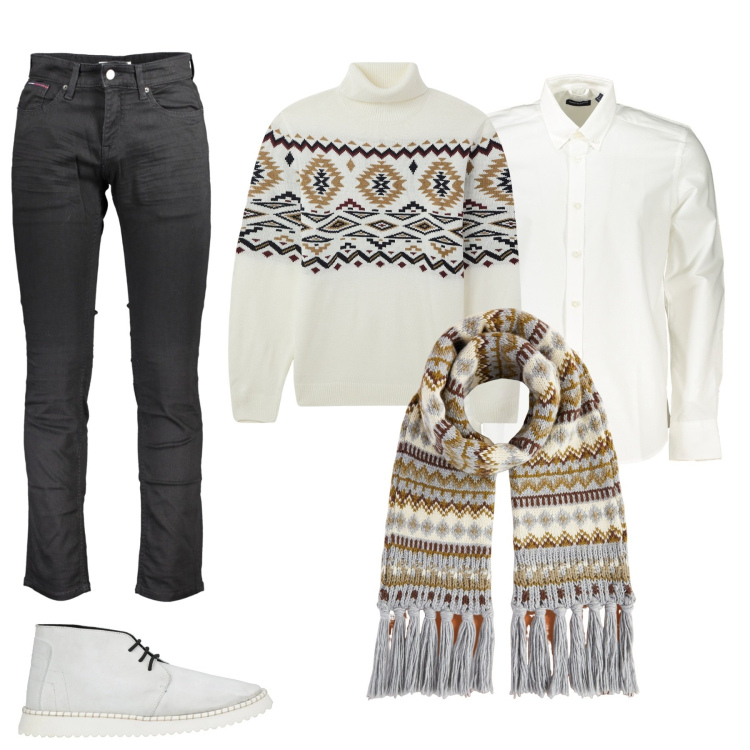 Outfit uomo - A pranzo fuori. Stile Casual per Tutti i giorni. Abbinamento con stivali e stivaletti, maglieria, camicie, jeans, sciarpe.