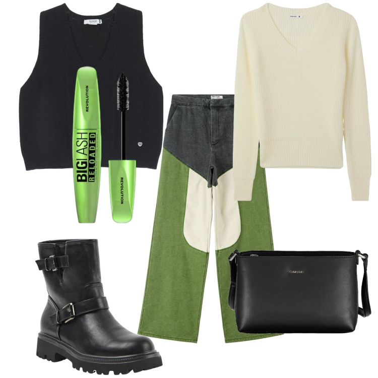 Outfit donna - Total look #2021734. Stile Trendy per Tutti i giorni. Abbinamento con mascara, jeans, maglieria, stivaletti, gilet, borse a tracolla.