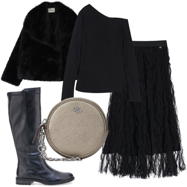 Outfit donna - Cena aziendale. Stile Rock per Serata fuori. Abbinamento con gonne lunghe, maglieria, ecopellicce, pochette, stivali sopra il ginocchio.