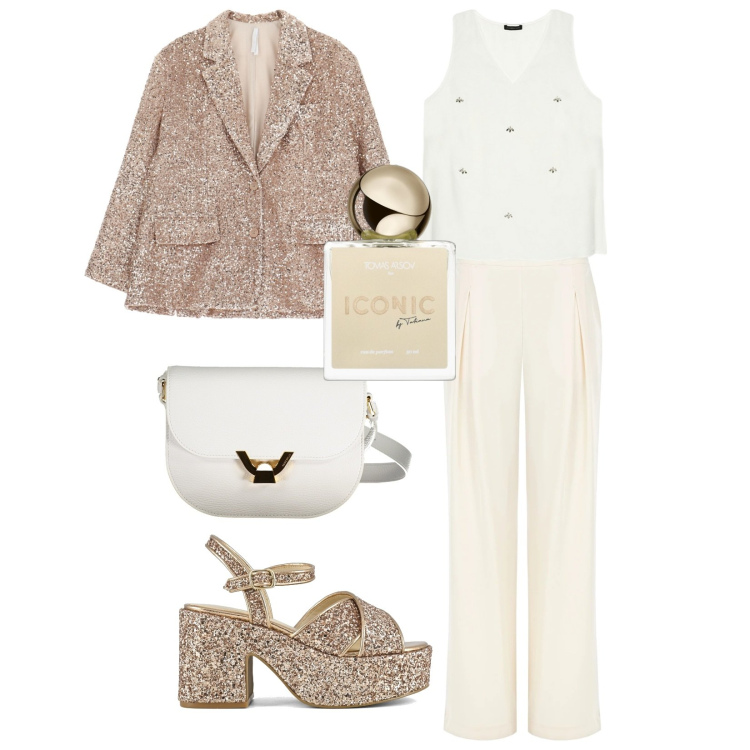 Outfit donna - Come la stella. Stile Chic per Serata fuori. Abbinamento con profumi, pantaloni a palazzo, blazer, borse a tracolla, sandali, top.