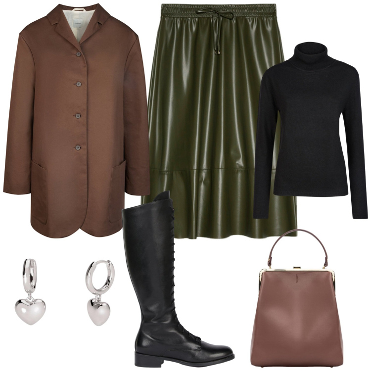 Outfit donna - Il mio dicembre. Stile Casual per Tutti i giorni. Abbinamento con orecchini, borse a spalla, trench, gonne longuette, stivali, maglieria.