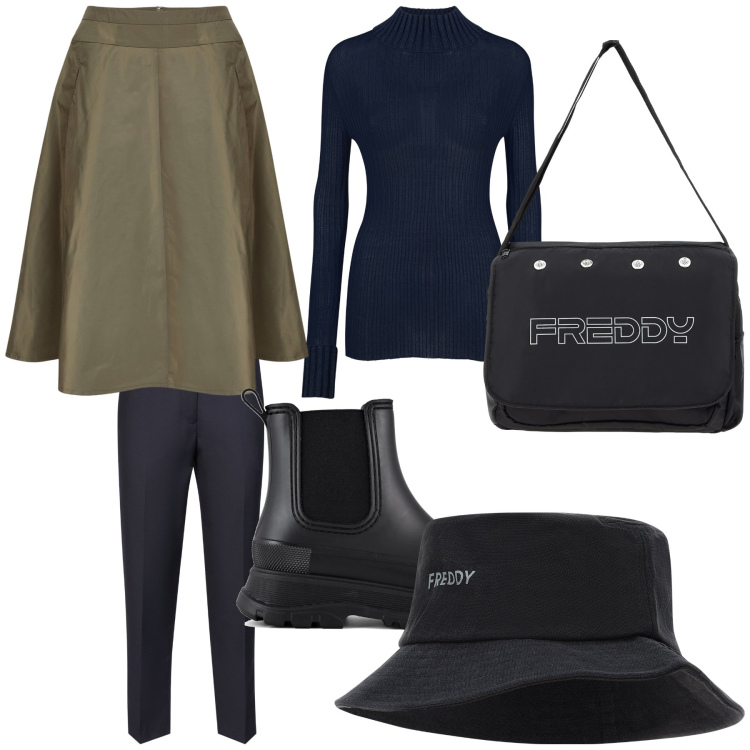 Outfit donna - In ufficio. Stile Basic per Ufficio. Abbinamento con borse messenger, cappelli, gonne, stivali, maglieria, pantaloni.