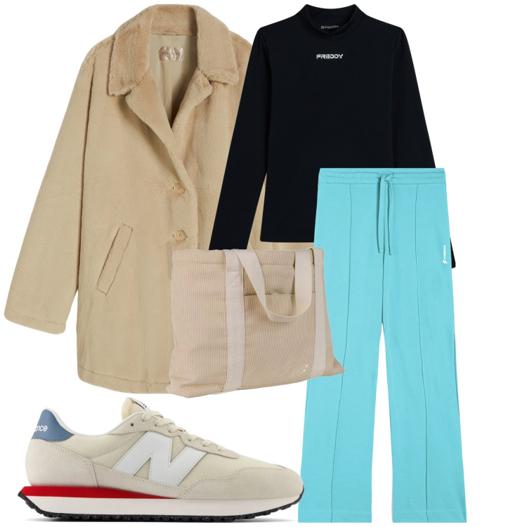 Outfit donna - Total look. Stile Urban per Tutti i giorni. Abbinamento con sneakers, shopping bag, cappotti, pantaloni a palazzo, maglieria.