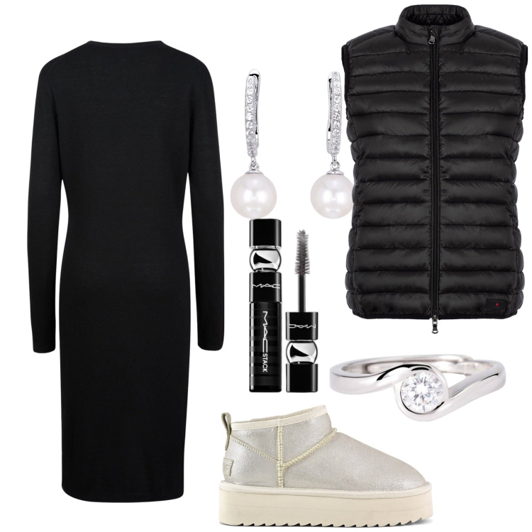 Outfit donna - Semplicemente luccicante se neve. Stile Glamour per Serata fuori. Abbinamento con mascara, orecchini, anelli, piumini, vestiti midi/longuette, stivaletti.