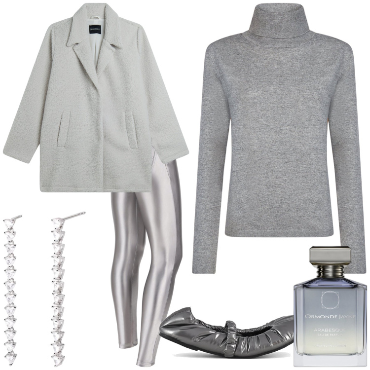 Outfit donna - Capodanno d argento. Stile Trendy per Serata fuori. Abbinamento con profumi, orecchini, pantaloni skinny, cappotti, ballerine, maglieria.