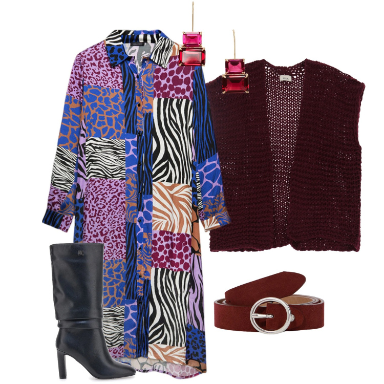 Outfit donna - Colore e contrasti. Stile Casual chic per Tutti i giorni. Abbinamento con cinture, gilet, orecchini, stivali, vestiti chemisier.