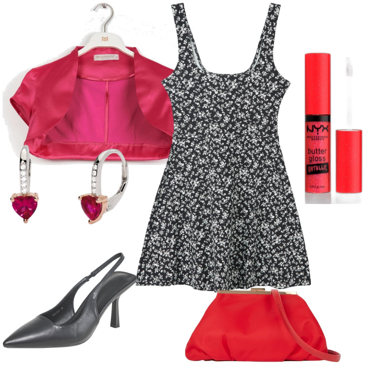 Outfit donna - Serata pre festiva di brindisi. Stile Glamour per Serata fuori. Abbinamento con gloss, vestiti, décolleté, orecchini, bolero, pochette.