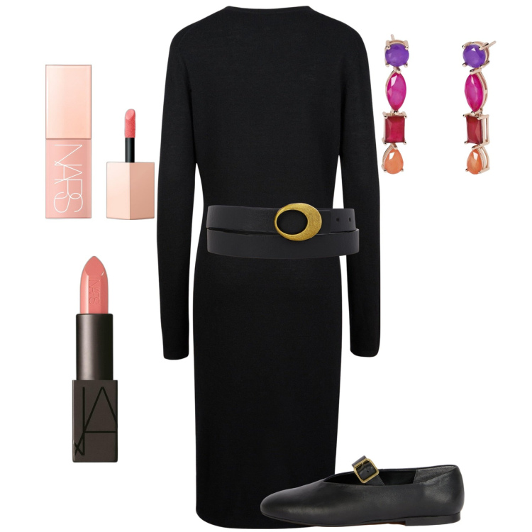 Outfit donna - Black&colour. Stile Glamour per Tutti i giorni. Abbinamento con blush, rossetti, orecchini, vestiti midi/longuette, ballerine, cinture.