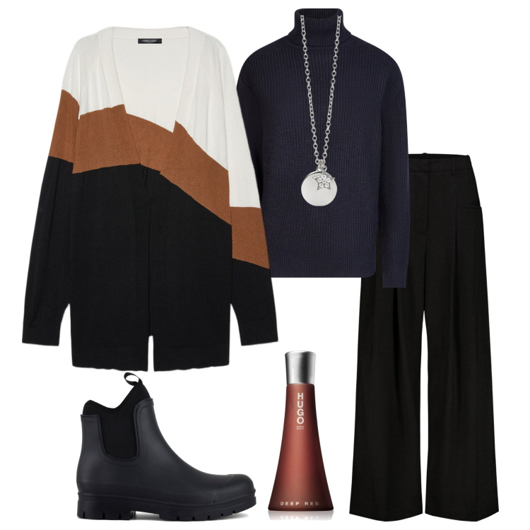 Outfit donna - Il mio dicembre. Stile Basic per Ufficio. Abbinamento con profumi, ciondoli, stivali, maglieria, pantaloni, cardigans.