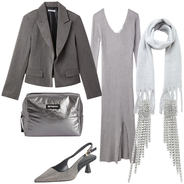 Outfit donna - Total look. Stile Chic per Serata fuori. Abbinamento con blazer, sciarpe, décolleté, vestiti lunghi, valigie, orecchini.