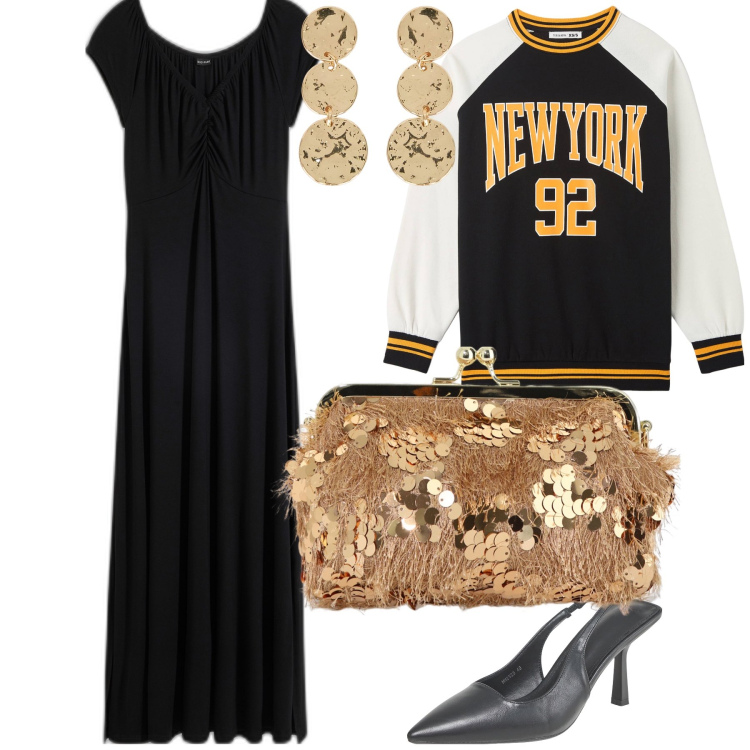Outfit donna - Capodanno nella grande mela. Stile Glamour per Serata fuori. Abbinamento con vestiti lunghi, felpe, décolleté, borse a spalla, orecchini.