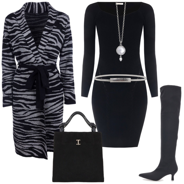 Outfit donna - Cardigan lungo jacquard animalier. Stile Casual chic per Serata fuori. Abbinamento con collane, vestiti a tubino, cardigans, shopping bag, cinture, stivali.