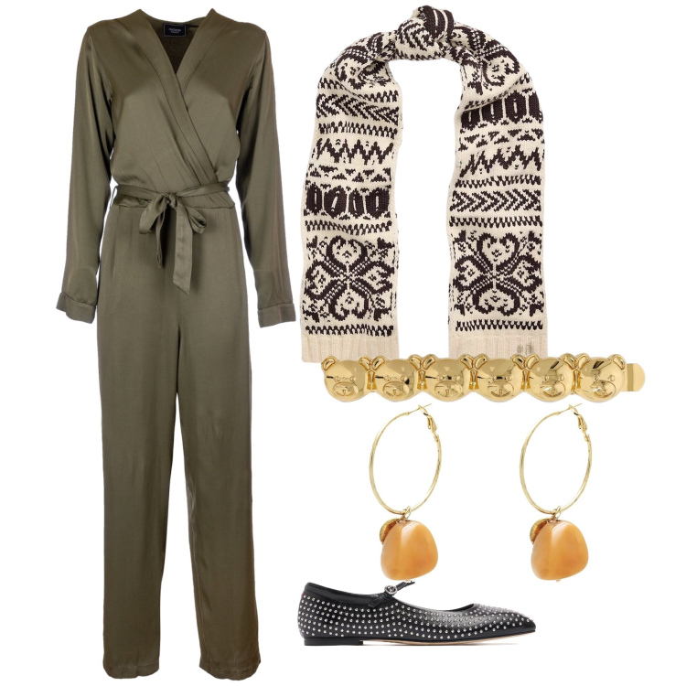 Outfit donna - Pranzo da me. Stile Trendy per Tutti i giorni. Abbinamento con orecchini, tute, sciarpe, accessori per capelli, ballerine.