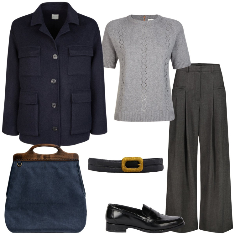 Outfit donna - Total look #2021872. Stile Mannish per Ufficio. Abbinamento con maglieria, borse a tracolla, cappotti, cinture, pantaloni, mocassini.