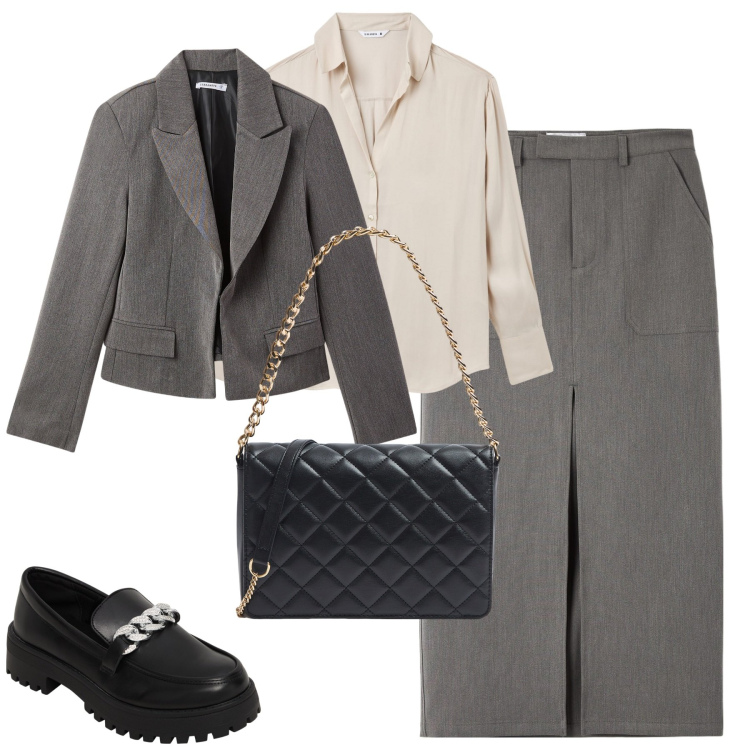 Outfit donna - City. Stile Minimal per Tutti i giorni. Abbinamento con mocassini, blazer, gonne lunghe, camicie, borse a tracolla.
