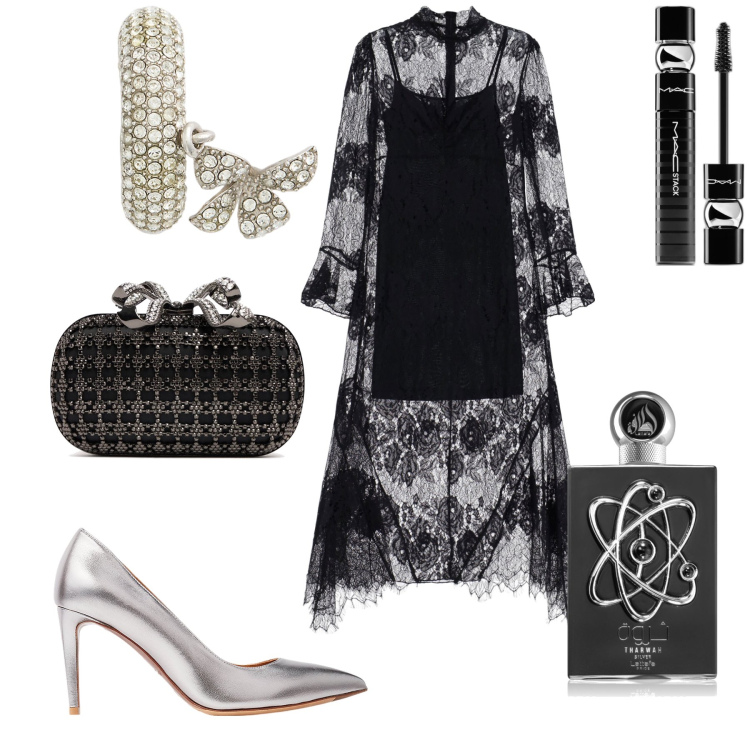 Outfit donna - Argento fiocchi e pizzo. Stile Bon Ton per Serata fuori. Abbinamento con profumi, mascara, vestiti lunghi, orecchini, décolleté, pochette.