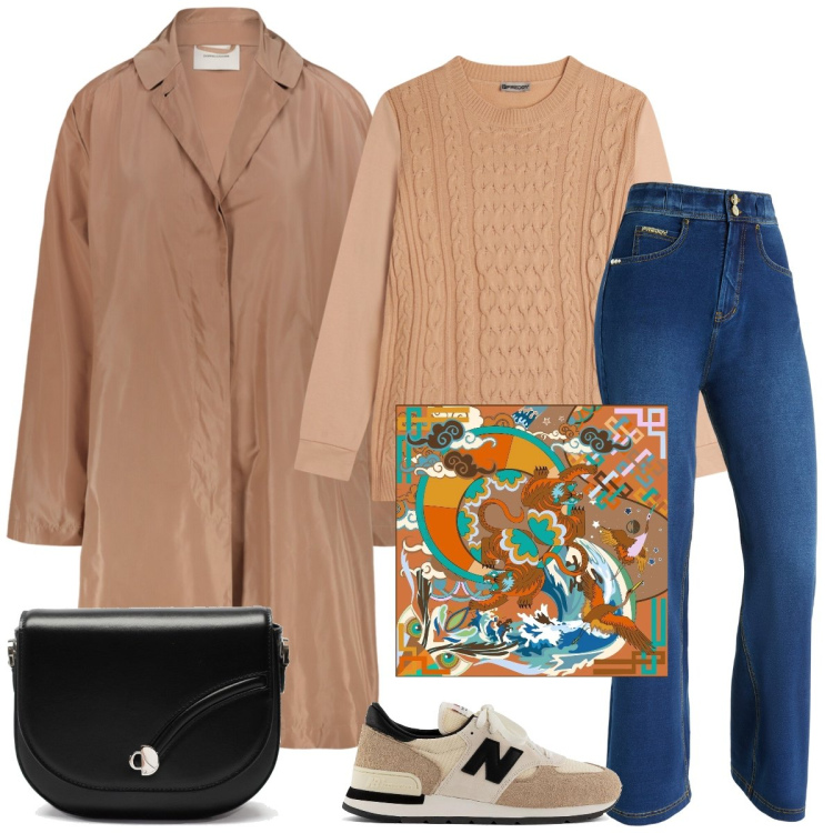 Outfit donna - Total look #2021885. Stile Casual per Tutti i giorni. Abbinamento con sneakers, maglieria, jeans, trench, foulard, borse a tracolla.