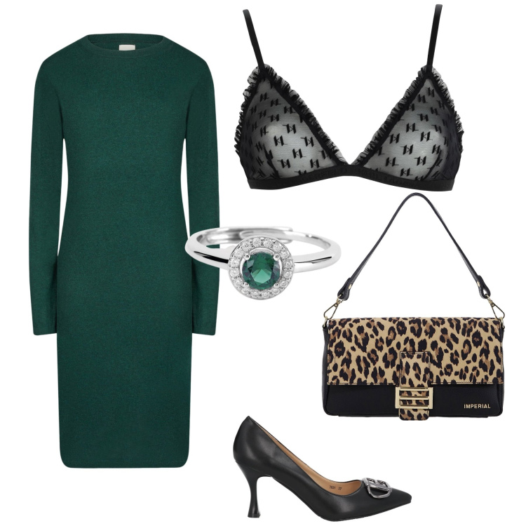 Outfit donna - Vestito da ufficio e occasioni serali. Stile Glamour per Ufficio. Abbinamento con décolleté, reggiseni, anelli, borse a spalla, vestiti midi/longuette.