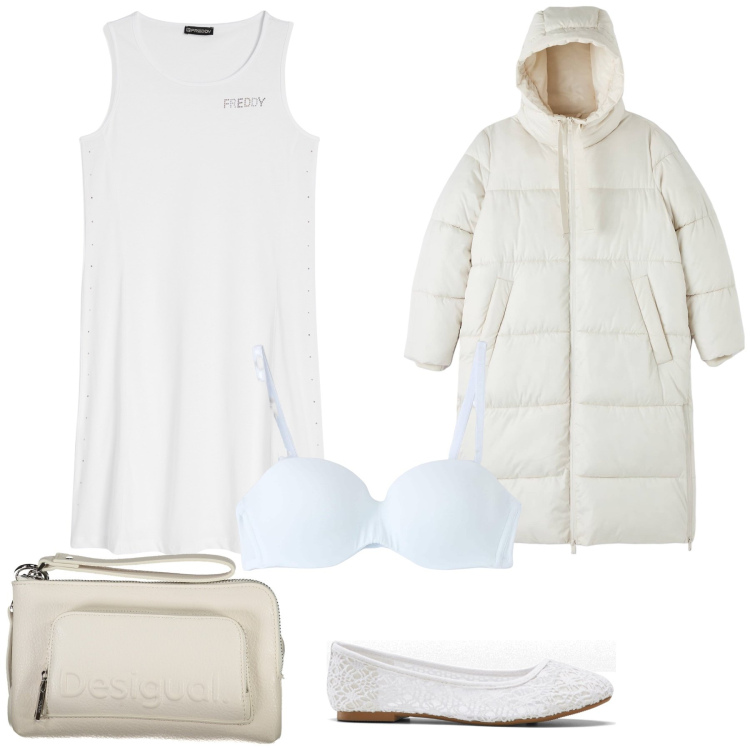 Outfit donna - Bianche sfumature. Stile Trendy per Tutti i giorni. Abbinamento con ballerine, piumini, reggiseni, vestiti senza maniche, borse a tracolla.