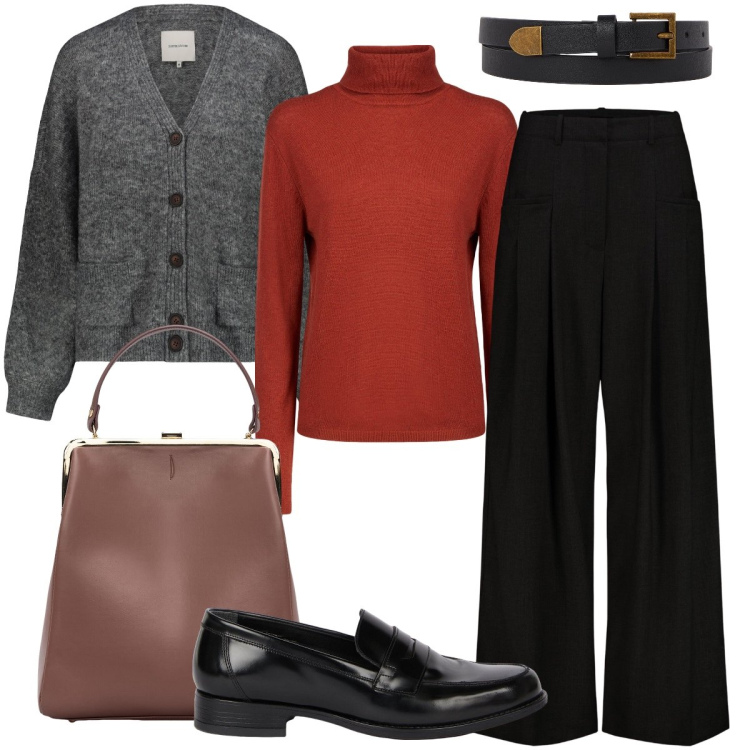 Outfit donna - Il mio dicembre. Stile Mannish per Ufficio. Abbinamento con cardigans, borse a spalla, cinture, pantaloni, maglieria, mocassini.