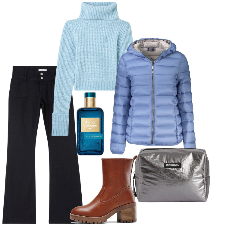 Outfit donna - Azzurro dicembre. Stile Casual per Tutti i giorni. Abbinamento con stivaletti, profumi, pantaloni, maglieria, valigie, blazer.