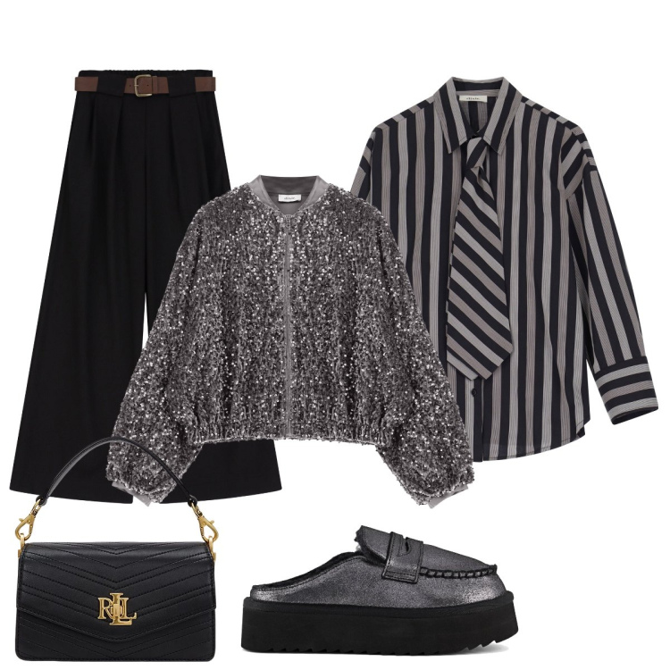 Outfit donna - Buone Feste con Dixie. Stile Glamour per Serata fuori. Abbinamento con bomber, pantaloni a palazzo, camicie, borse a tracolla, mocassini.